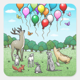 Pegatina Cuadrada Animales con globos de cumpleaños