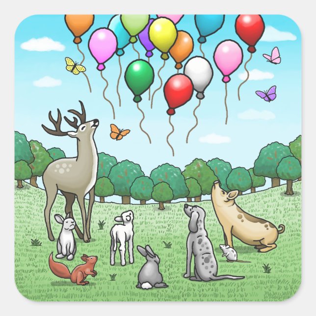 Pegatina Cuadrada Animales con globos de cumpleaños (Anverso)
