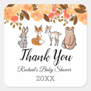 Pegatina Cuadrada Animales Cute Woodland   Gracias Baby Shower