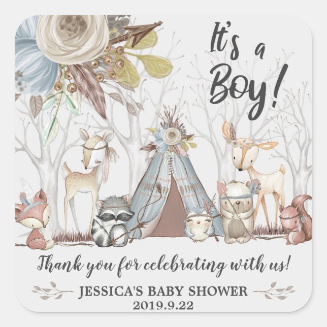 Pegatina Cuadrada Animales de bosque tribal - Baby Shower Boy Gracia (Anverso)