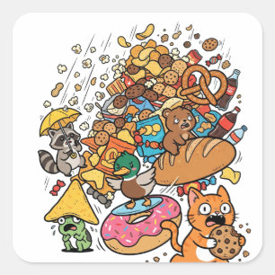 Pegatina Cuadrada Animales de dibujos animados con snacks que caen a
