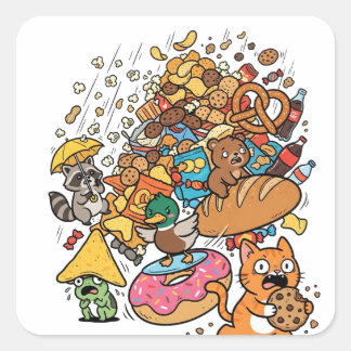 Pegatina Cuadrada Animales de dibujos animados con snacks que caen a