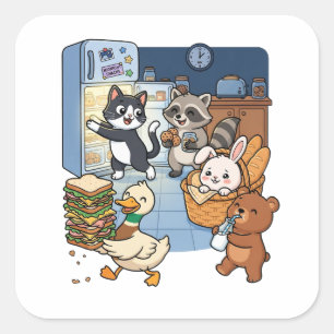 Pegatina Cuadrada Animales de dibujos animados lindos robando comida