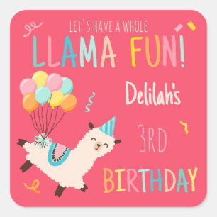 Pegatina Cuadrada Animales de Fiesta Llama Cumpleaños Chicas Rosa