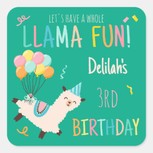 Pegatina Cuadrada Animales de Fiesta Llama Cumpleaños Chicas Verde