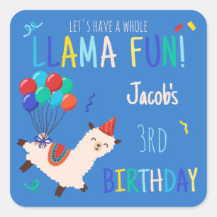 Pegatina Cuadrada Animales de Fiesta Llama Cumpleaños Niños Azul