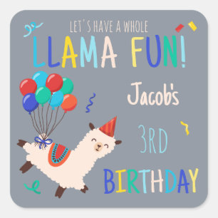 Pegatina Cuadrada Animales de Fiesta Llama Cumpleaños Niños Gris