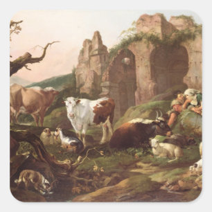 Pegatina Cuadrada Animales de granja en un paisaje, 1685