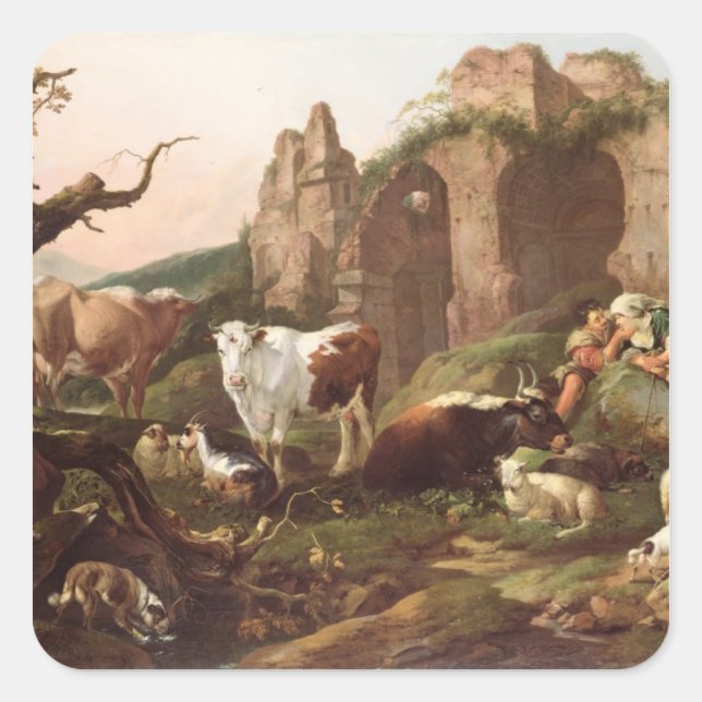 Pegatina Cuadrada Animales de granja en un paisaje, 1685 (Anverso)