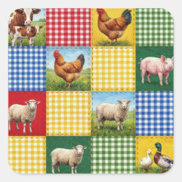 Pegatina Cuadrada Animales de granja y edredón de patchwork de gingh
