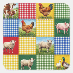 Pegatina Cuadrada Animales de granja y edredón de patchwork de gingh