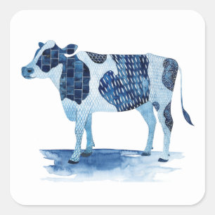 Pegatina Cuadrada Animales de la granja azul cobalto - vaca