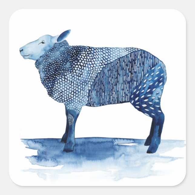 Pegatina Cuadrada Animales de la Granja Azul de Cobalto - Oveja (Anverso)