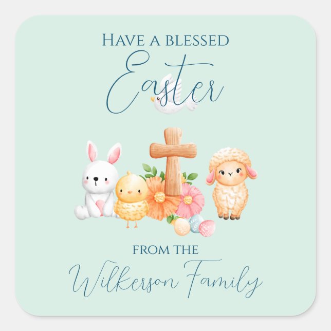 Pegatina Cuadrada Animales de Pascua Religiosos Adorables (Anverso)