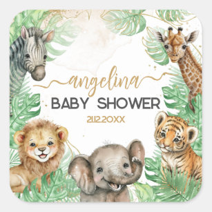 Pegatina Cuadrada Animales de Safari Baby Shower vegetación tropical