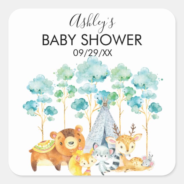 Pegatina Cuadrada Animales de TribalWoodland Baby Shower favorecen a (Anverso)