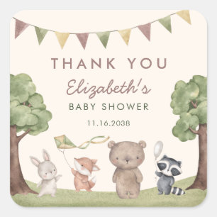 Pegatina Cuadrada Animales del Bosque Agradecimiento Baby Shower