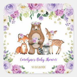 Pegatina Cuadrada Animales del bosque Baby Shower Purple Gold Woodla