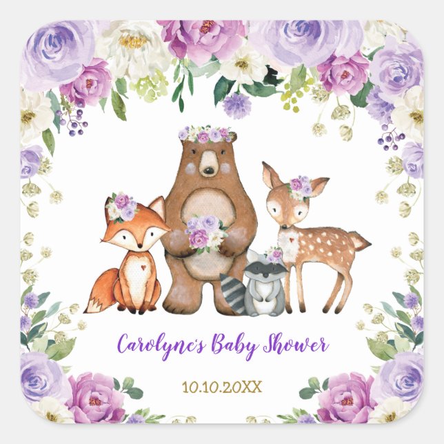 Pegatina Cuadrada Animales del bosque Baby Shower Purple Gold Woodla (Anverso)