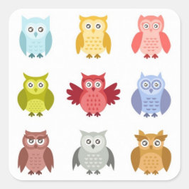 Pegatina Cuadrada Animales del Bosque Búhos en Fila