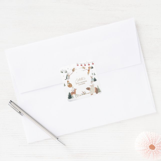 Pegatina Cuadrada Animales del bosque invernal Baby Shower (Sobre)