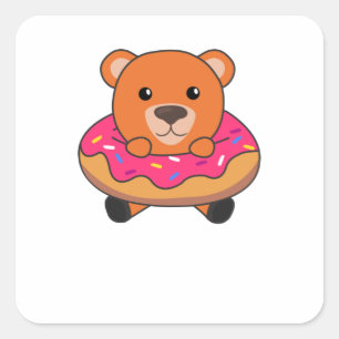 Pegatina Cuadrada Animales Dulces De Oso Gracioso En Rosa Donut