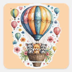 Pegatina Cuadrada Animales En Un Globo