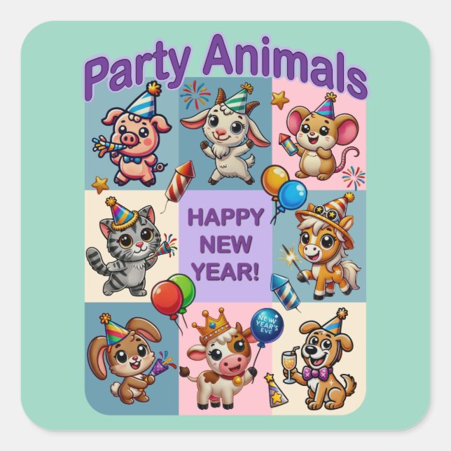 Pegatina Cuadrada Animales fiestas "Feliz Año Nuevo" (Anverso)