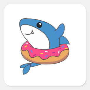 Pegatina Cuadrada Animales graciosos De Tiburón En Tiburón Donut