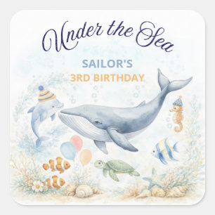 Pegatina Cuadrada Animales Marinos Bajo el Mar Cumpleaños de Ballena
