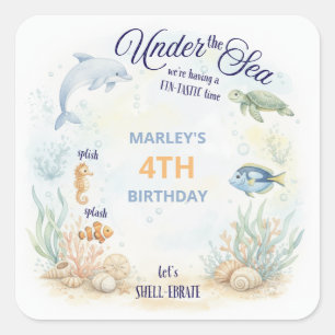 Pegatina Cuadrada Animales Marinos Bajo el Mar Cumpleaños de Playa