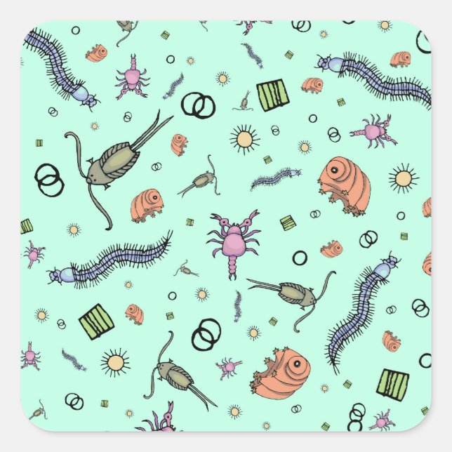 Pegatina Cuadrada Animales microscópicos en azul (Anverso)
