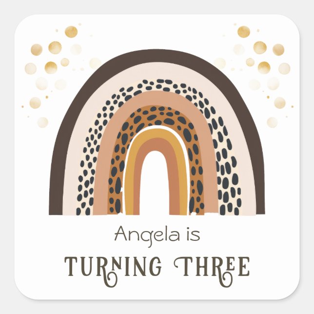 Pegatina Cuadrada Animales Rainbow Boho Imprimir tercer cumpleaños (Anverso)