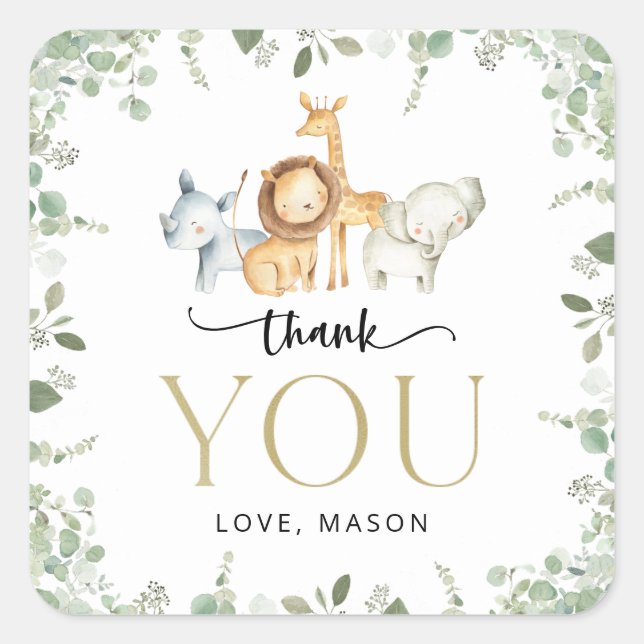 Pegatina Cuadrada Animales safari, jungla, salvaje, primer cumpleaño (Anverso)