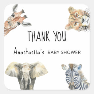 Pegatina Cuadrada Animales Salvajes de Safari Baby Shower GRACIAS