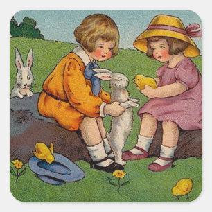 Pegatina Cuadrada Animales Tiernos Vintage de Pascua