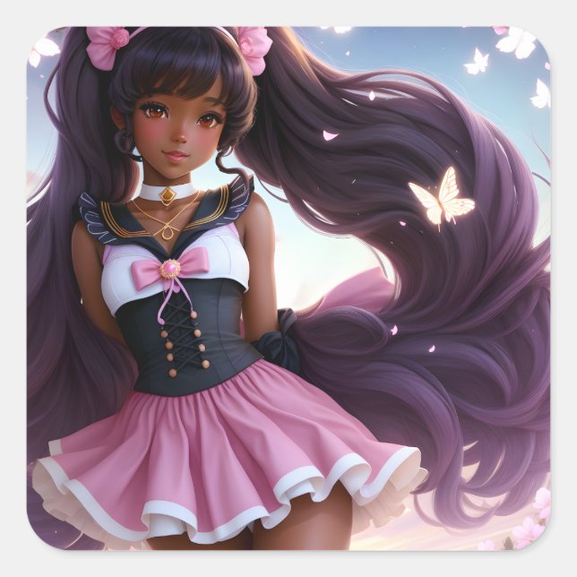 Pegatina Cuadrada Anime Black Female Character Animecore (Anverso)