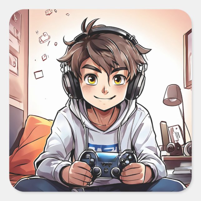 Pegatina Cuadrada Anime Boy Jugando Videojuegos (Anverso)