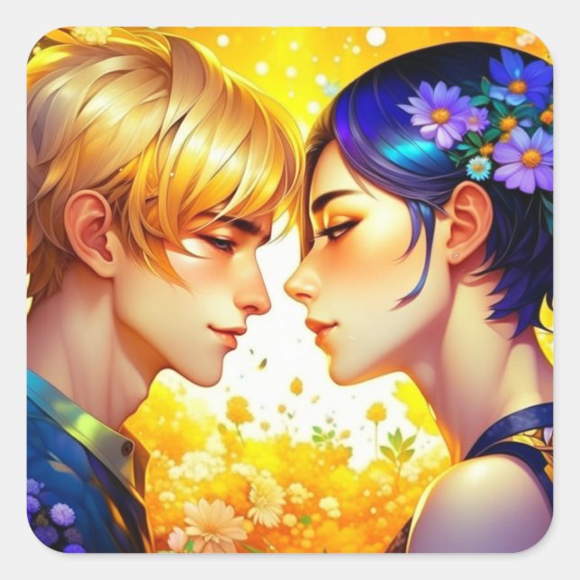 Pegatina Cuadrada Anime Boy y Chica enamorados Flirty romántica (Anverso)