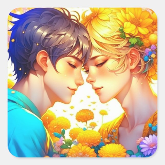 Pegatina Cuadrada Anime Boy y Chica enamorados Flirty romántica (Anverso)