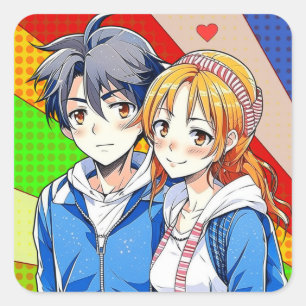 Pegatina Cuadrada Anime Boy y Chica pareja con corazón