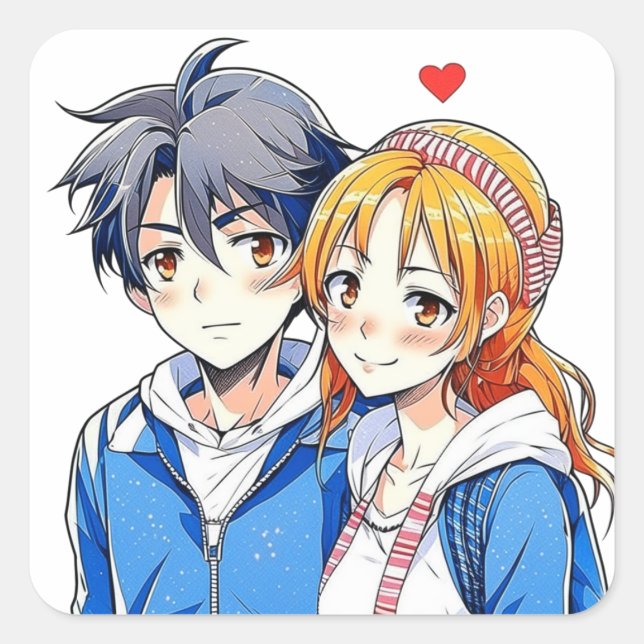Pegatina Cuadrada Anime Boy y Chica pareja con corazón (Anverso)