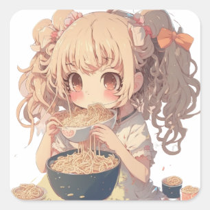 Pegatina Cuadrada Anime Chica comiendo fideos de Ramen