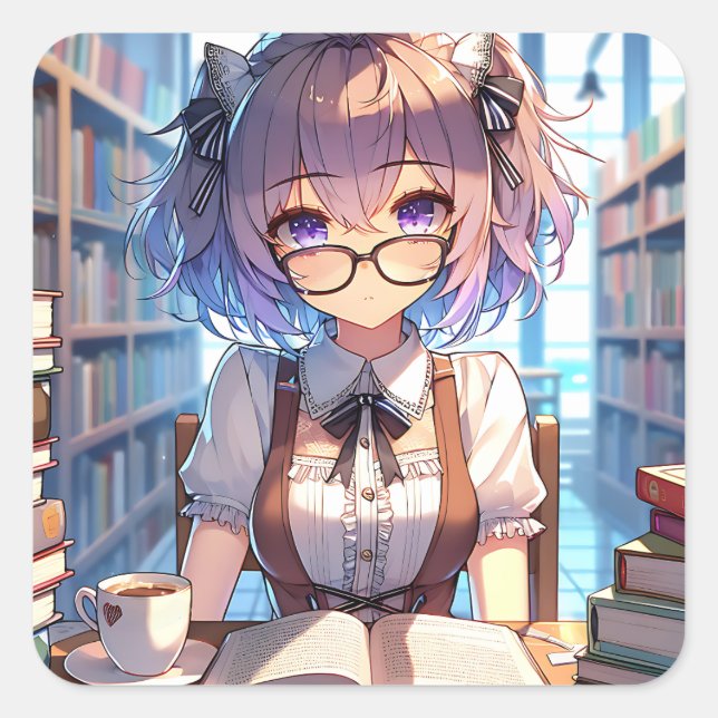 Pegatina Cuadrada Anime Chica con lentes en la biblioteca (Anverso)