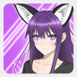 Pegatina Cuadrada Anime Chica con pelo morado y ojos