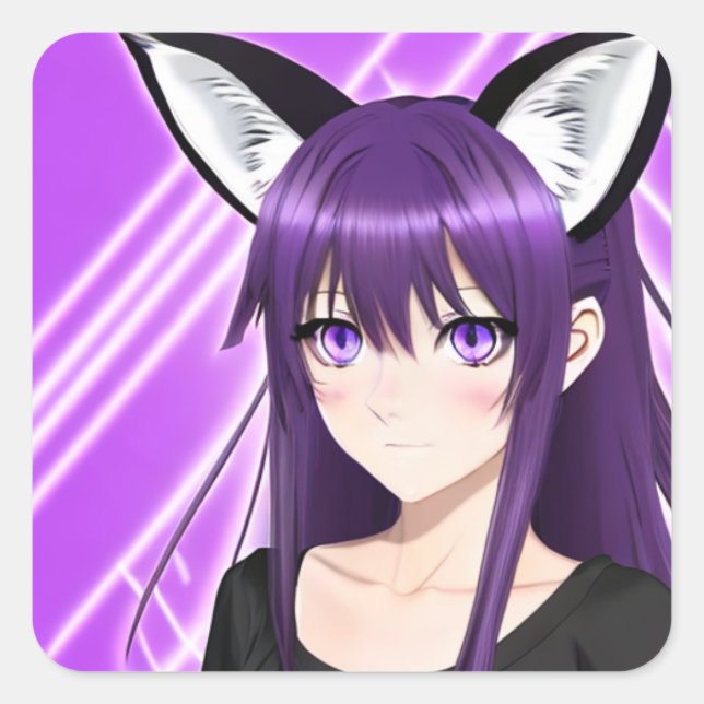 Pegatina Cuadrada Anime Chica con pelo morado y ojos (Anverso)