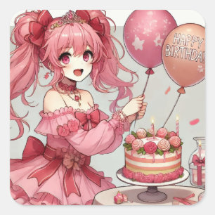Pegatina Cuadrada Anime chica cumpleaños rosa