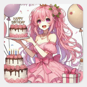 Pegatina Cuadrada Anime chica cumpleaños rosa