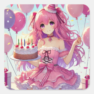 Pegatina Cuadrada Anime chica cumpleaños rosa