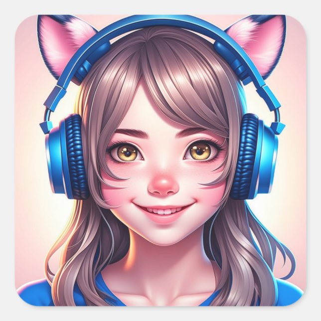 Pegatina Cuadrada Anime Chica en auriculares de juegos o música (Anverso)